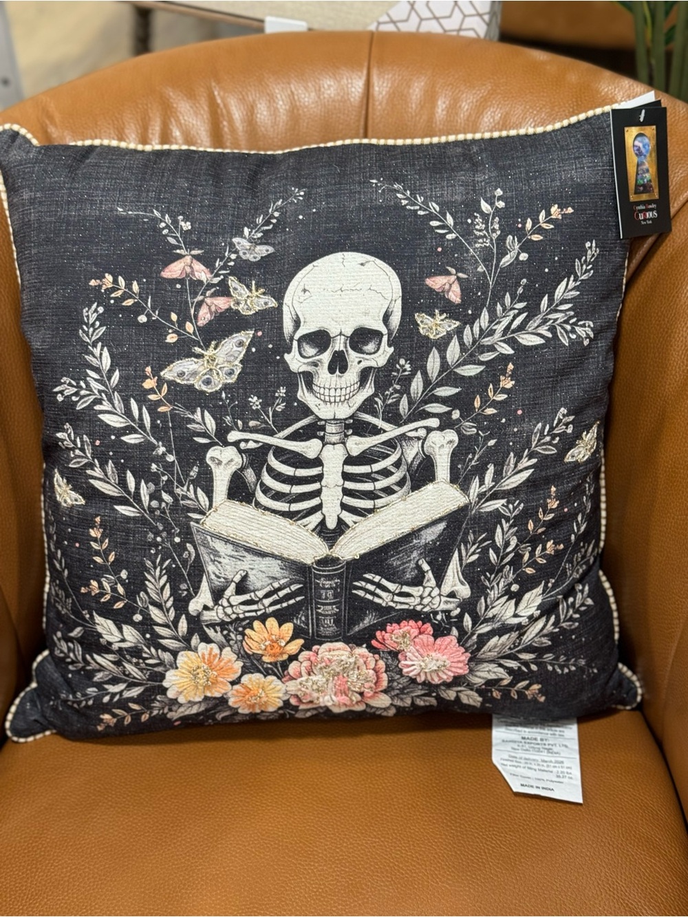 Cynthia Rowley Black Skeleton Reading Floral Embroidered Pillow